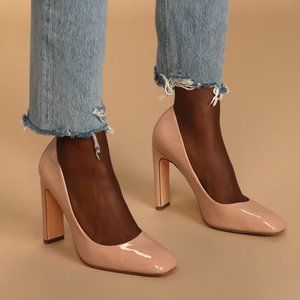 Lulu’s Light Nude Faux Patent Leather Square Toe Pumps 6 - Like New!